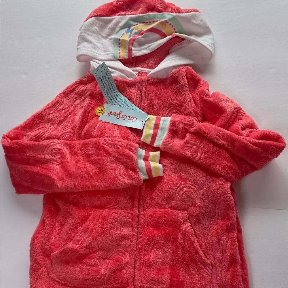 Cat & Jack Red with Rainbow Detail Hooded Sleepwear Plush Jumpsuit Size M (7/8)